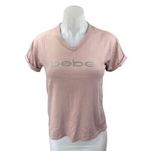 NEW Bebe Women's Pink Rhinestone Logo V-neck Short Sleeve Tee T-shirt Top Size L